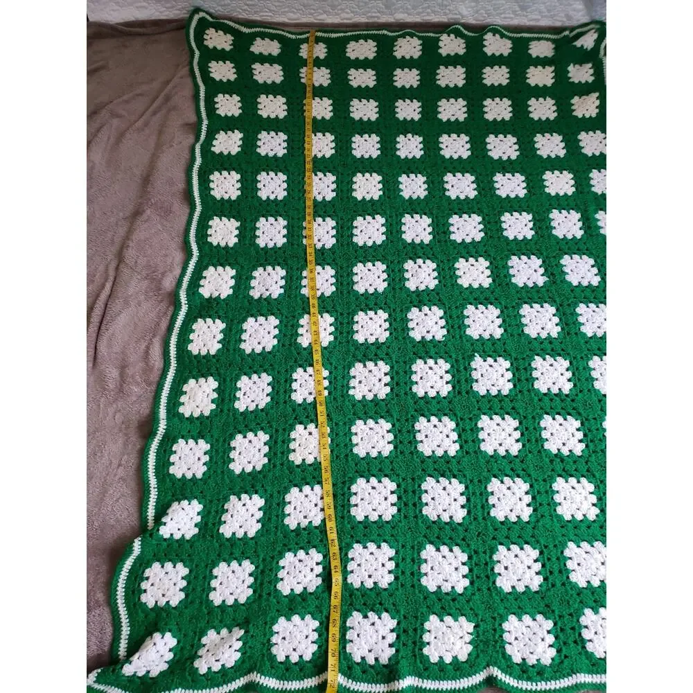 Vintage Granny Square Rectangle Afghan Hand Crochet Green Throw Blanket 72x49